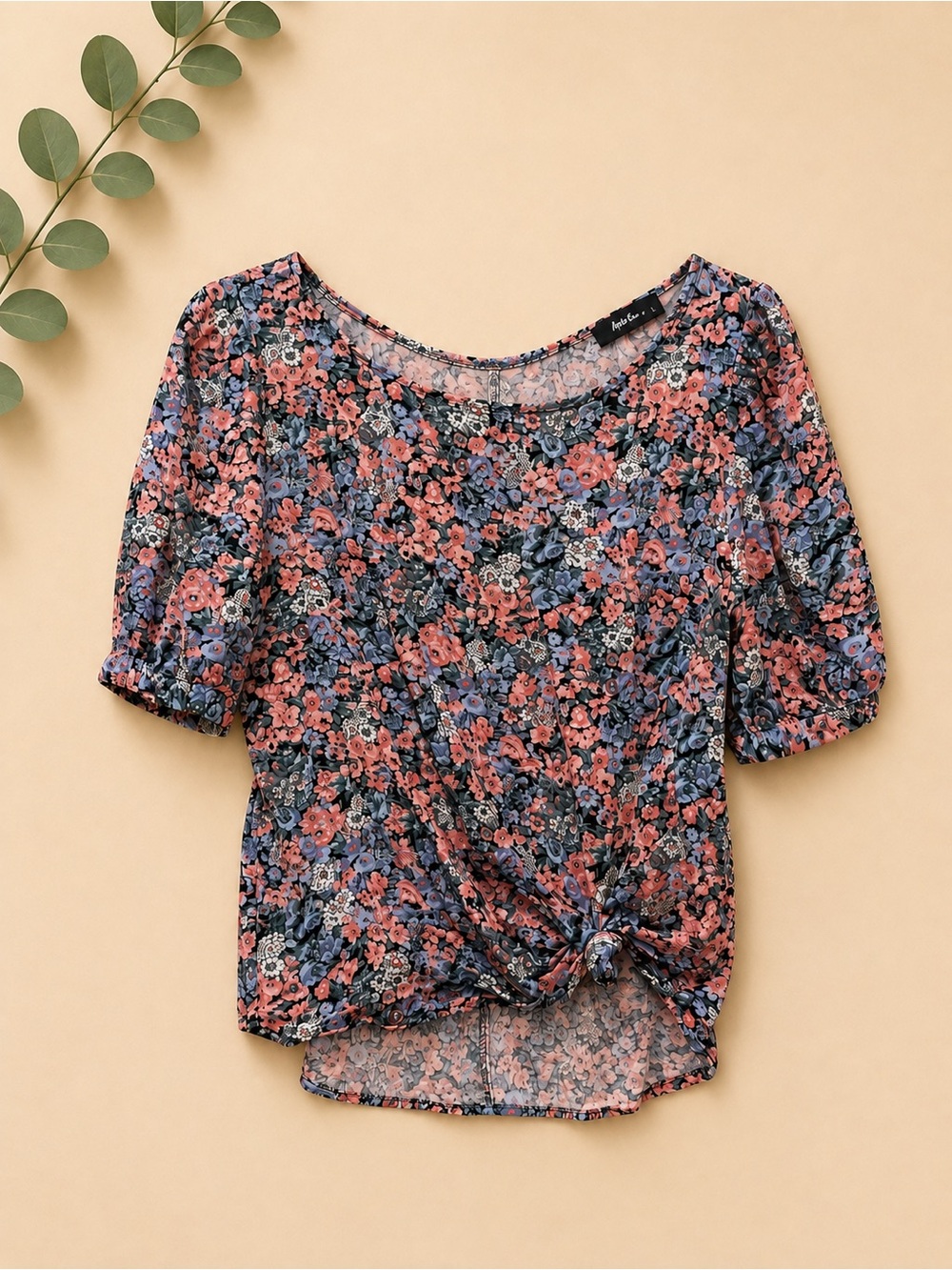 Floral Knot-Front Blouse in Coral and Blue